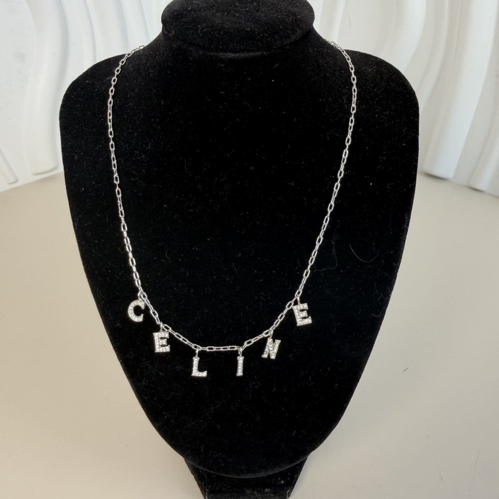 Celine 'Celine' Nameplate Charm Necklace in Silver-Tone